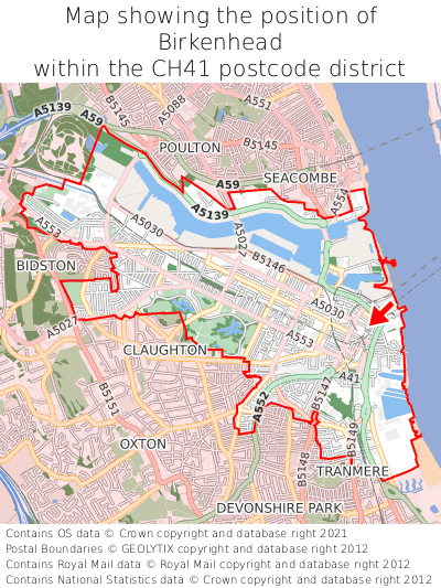 Map showing location of Birkenhead within CH41