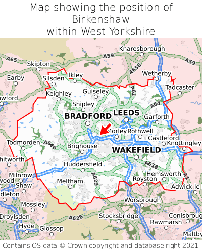 Map showing location of Birkenshaw within West Yorkshire