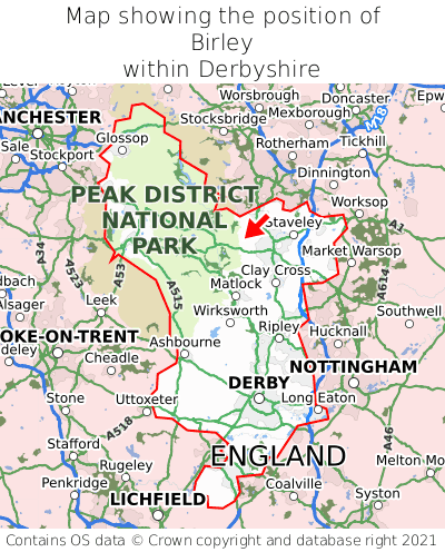 Map showing location of Birley within Derbyshire