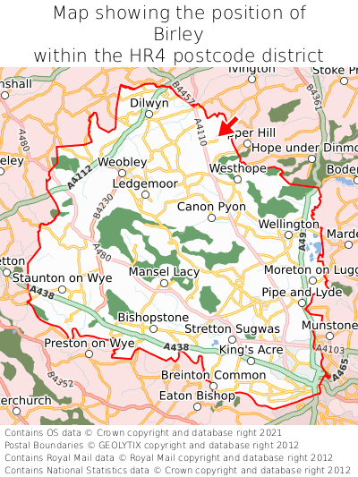 Map showing location of Birley within HR4