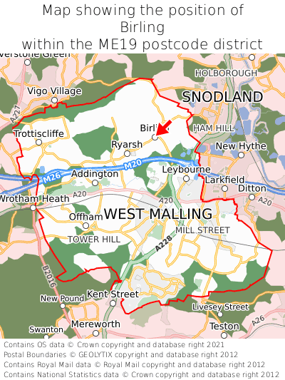 Map showing location of Birling within ME19