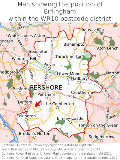 Map showing location of Birlingham within WR10