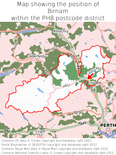 Map showing location of Birnam within PH8