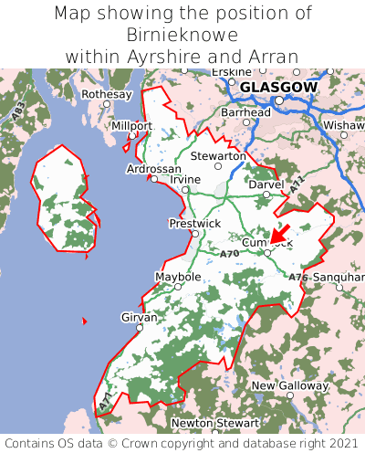 Map showing location of Birnieknowe within Ayrshire and Arran