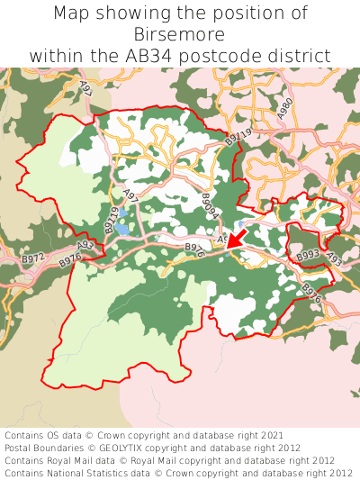 Map showing location of Birsemore within AB34