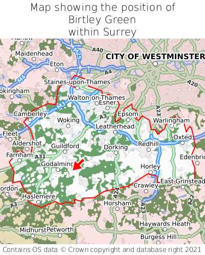 Map showing location of Birtley Green within Surrey