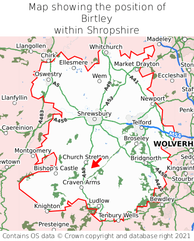 Map showing location of Birtley within Shropshire
