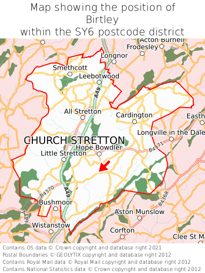 Map showing location of Birtley within SY6