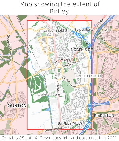 Map showing extent of Birtley as bounding box