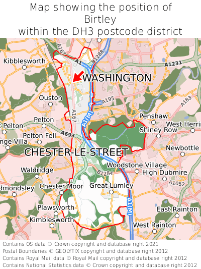 Map showing location of Birtley within DH3