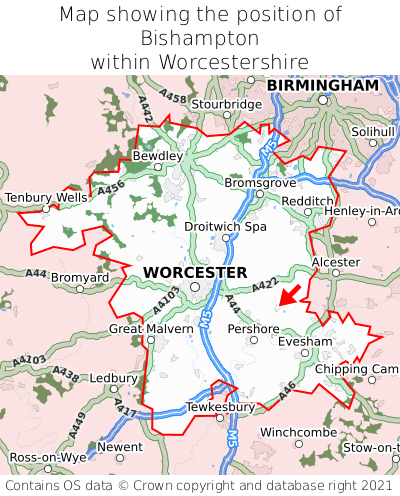 Map showing location of Bishampton within Worcestershire