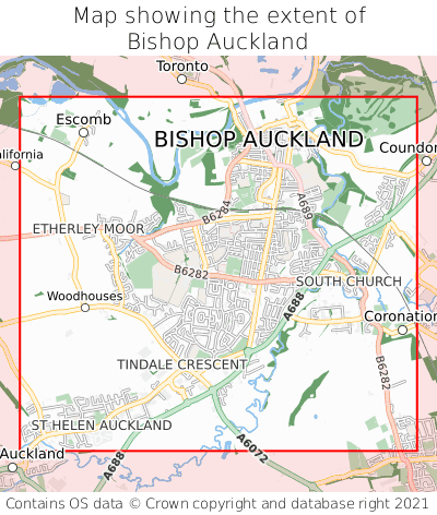 Map showing extent of Bishop Auckland as bounding box