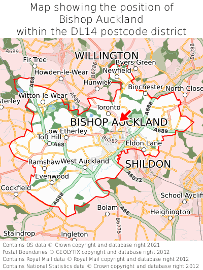 Map showing location of Bishop Auckland within DL14