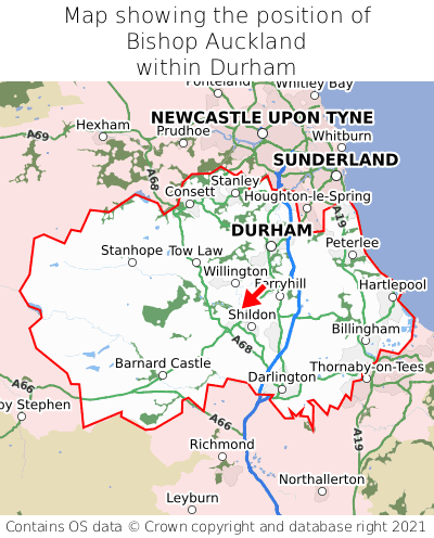 Map showing location of Bishop Auckland within Durham