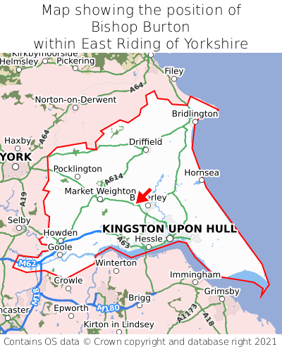 Map showing location of Bishop Burton within East Riding of Yorkshire