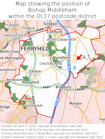 Map showing location of Bishop Middleham within DL17