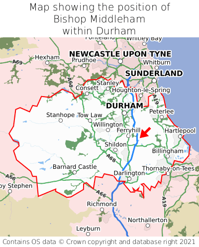Map showing location of Bishop Middleham within Durham