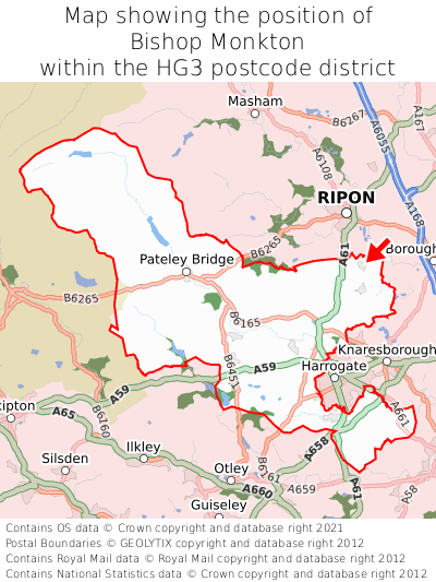 Map showing location of Bishop Monkton within HG3