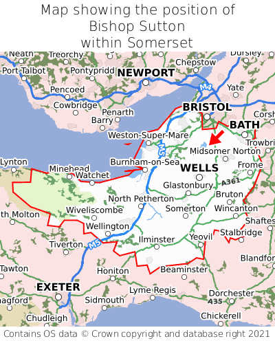 Map showing location of Bishop Sutton within Somerset