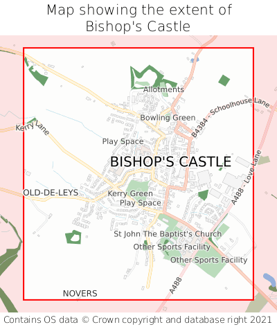 Map showing extent of Bishop's Castle as bounding box