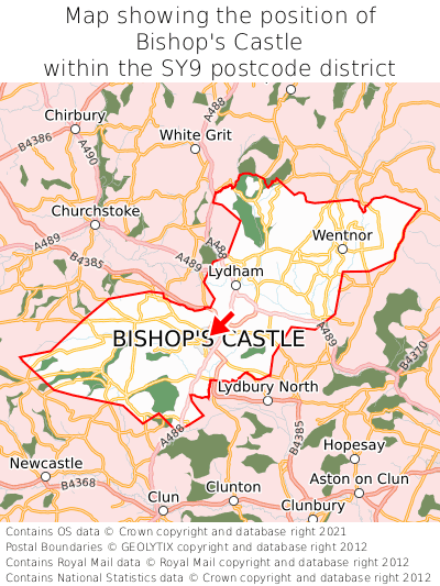 Map showing location of Bishop's Castle within SY9