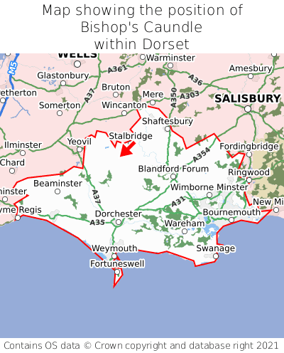 Map showing location of Bishop's Caundle within Dorset