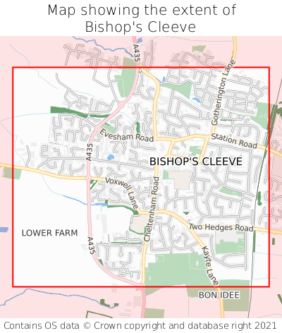 Map showing extent of Bishop's Cleeve as bounding box