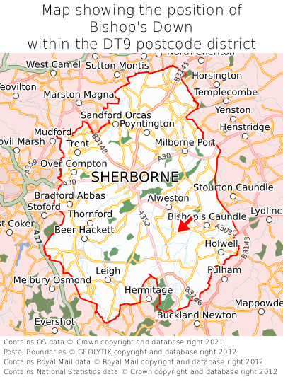 Map showing location of Bishop's Down within DT9