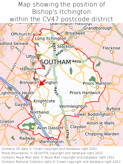 Map showing location of Bishop's Itchington within CV47
