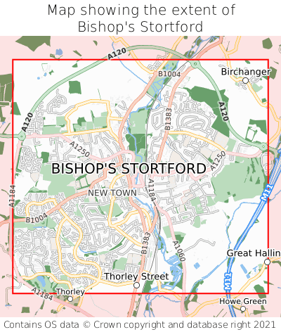 Map showing extent of Bishop's Stortford as bounding box