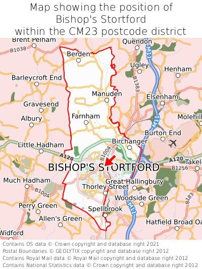 Map showing location of Bishop's Stortford within CM23