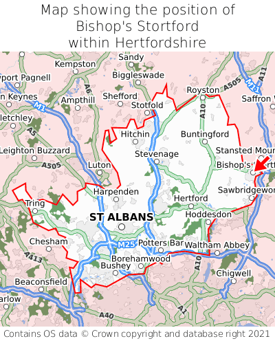 Map showing location of Bishop's Stortford within Hertfordshire