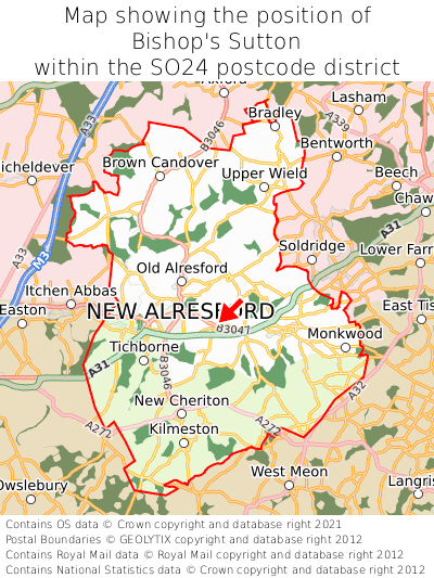Map showing location of Bishop's Sutton within SO24
