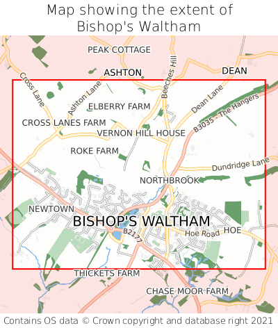 Map showing extent of Bishop's Waltham as bounding box