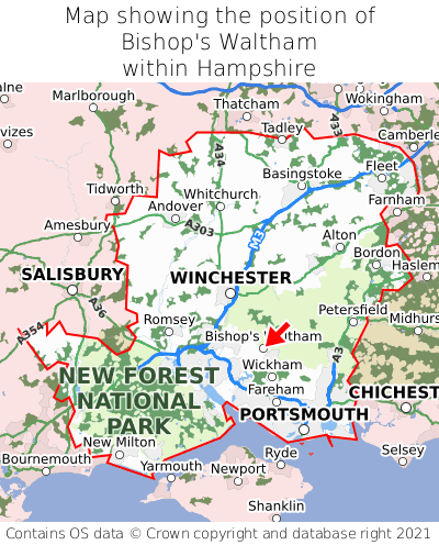Map showing location of Bishop's Waltham within Hampshire