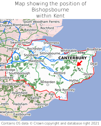 Map showing location of Bishopsbourne within Kent
