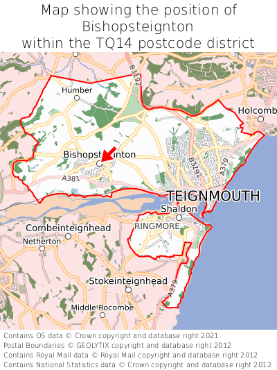 Map showing location of Bishopsteignton within TQ14