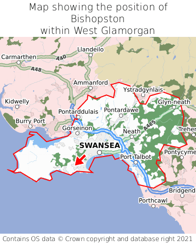 Map showing location of Bishopston within West Glamorgan