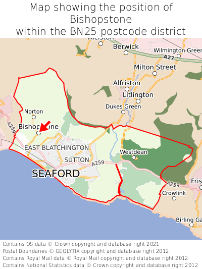 Map showing location of Bishopstone within BN25