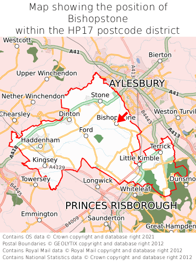 Map showing location of Bishopstone within HP17