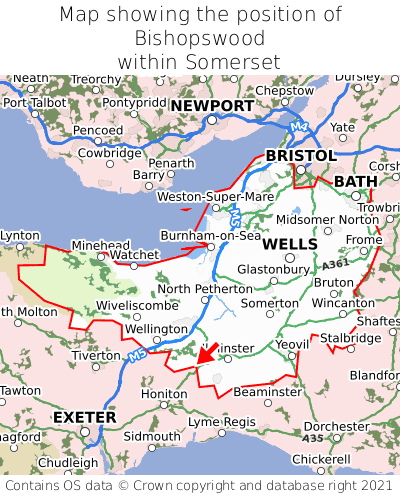 Map showing location of Bishopswood within Somerset
