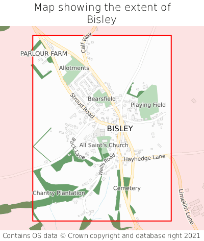 Map showing extent of Bisley as bounding box