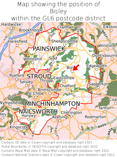 Map showing location of Bisley within GL6