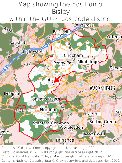 Map showing location of Bisley within GU24