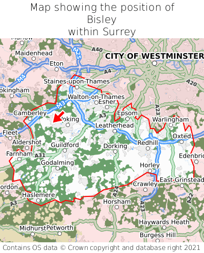 Map showing location of Bisley within Surrey