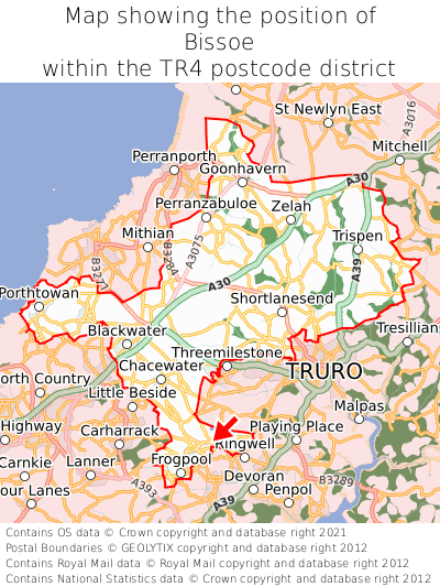 Map showing location of Bissoe within TR4