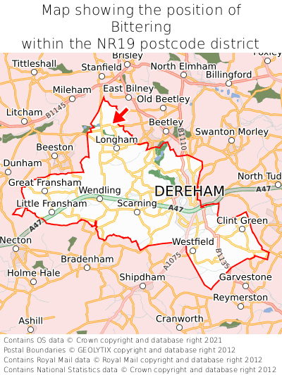 Map showing location of Bittering within NR19