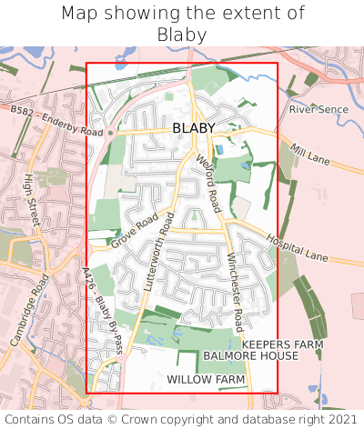 Map showing extent of Blaby as bounding box