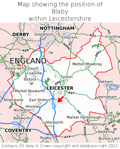 Map showing location of Blaby within Leicestershire