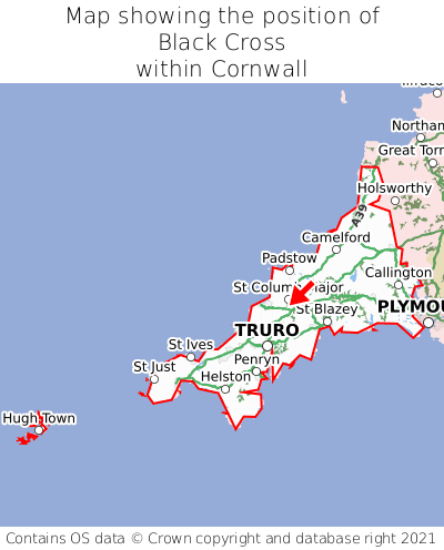 Map showing location of Black Cross within Cornwall